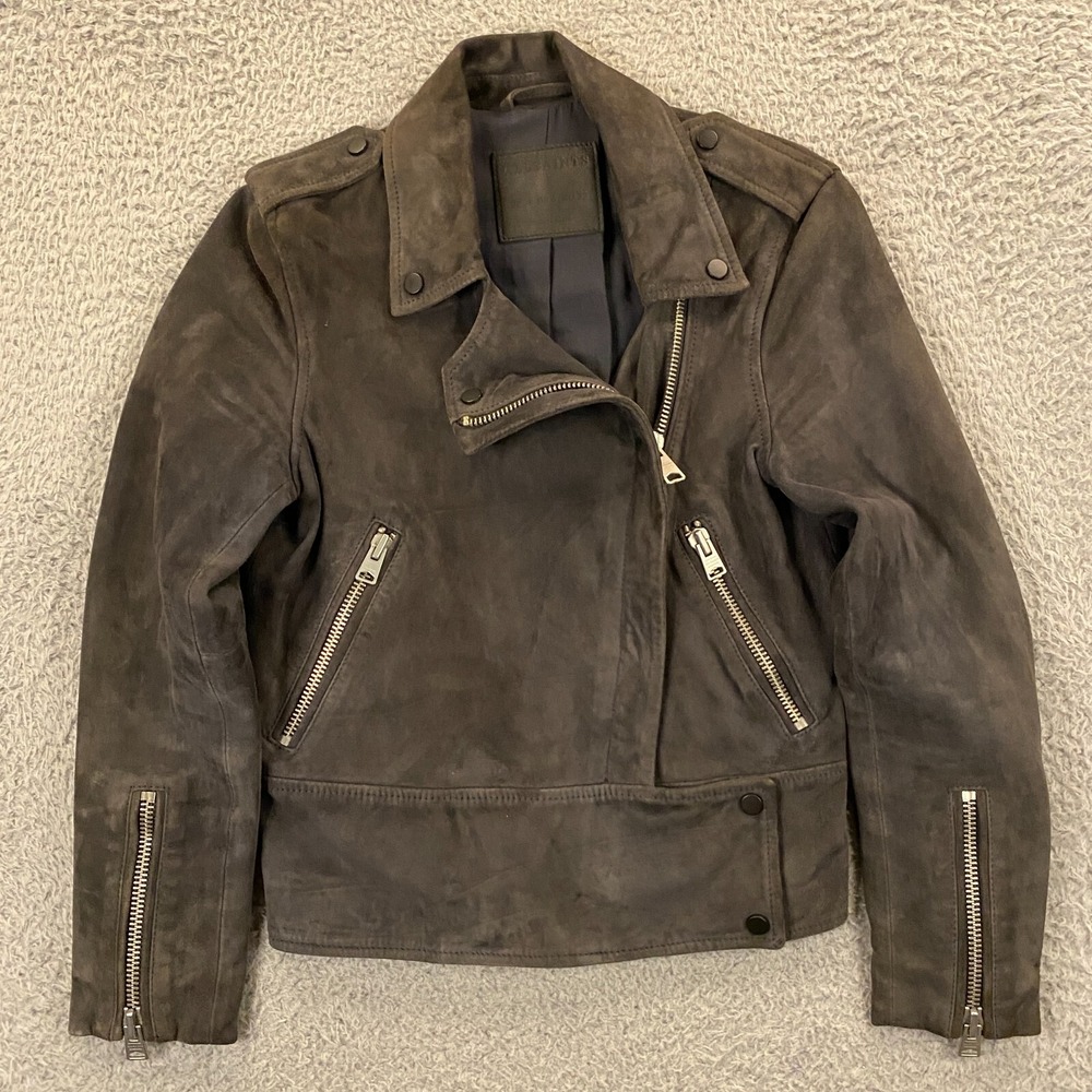 AllSaints Holme Biker Leather Jacket Womens 0 Suede Motorcycle Brown